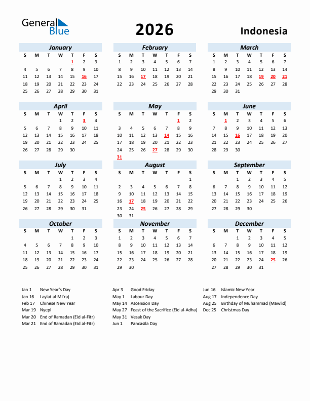 2026 Calendar for Indonesia with Holidays