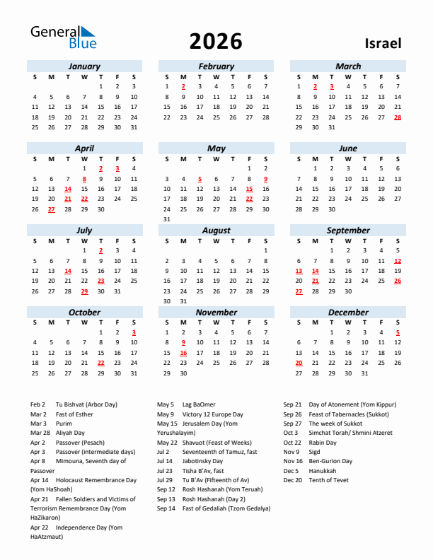 2026 Calendar for Israel with Holidays