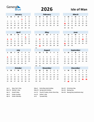 Isle of Man current year calendar 2026 with holidays