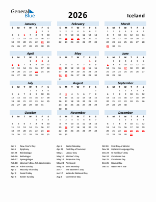 Iceland current year calendar 2026 with holidays