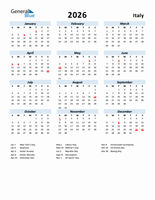 Italy current year calendar 2026 with holidays