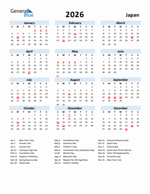 Japan current year calendar 2026 with holidays