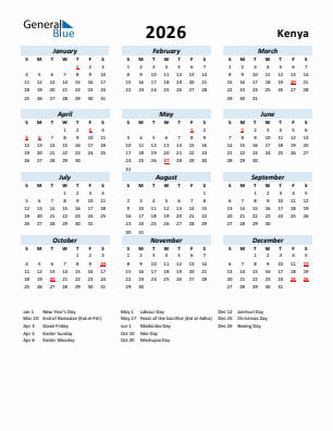 Kenya current year calendar 2026 with holidays