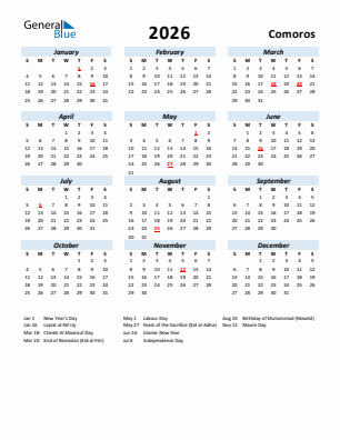 Comoros current year calendar 2026 with holidays