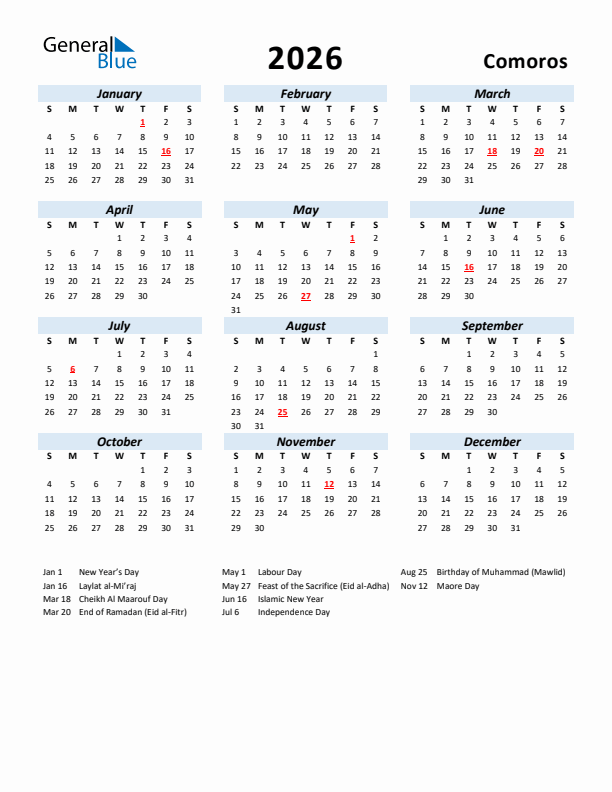2026 Calendar for Comoros with Holidays