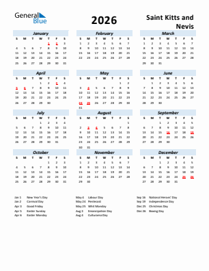 Saint Kitts and Nevis current year calendar 2026 with holidays