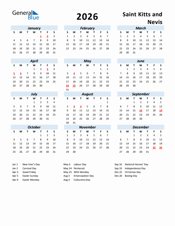 2026 Calendar for Saint Kitts and Nevis with Holidays