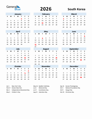 South Korea current year calendar 2026 with holidays