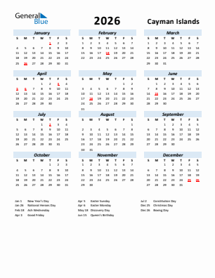 Cayman Islands current year calendar 2026 with holidays