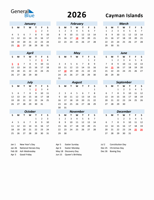 2026 Calendar for Cayman Islands with Holidays