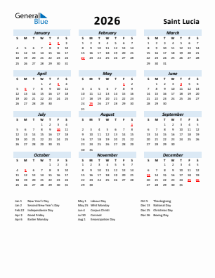 Saint Lucia current year calendar 2026 with holidays