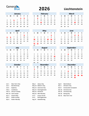 Liechtenstein current year calendar 2026 with holidays