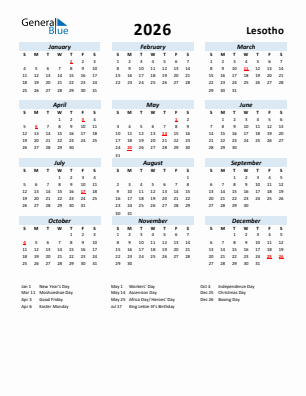 Lesotho current year calendar 2026 with holidays