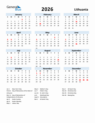 Lithuania current year calendar 2026 with holidays