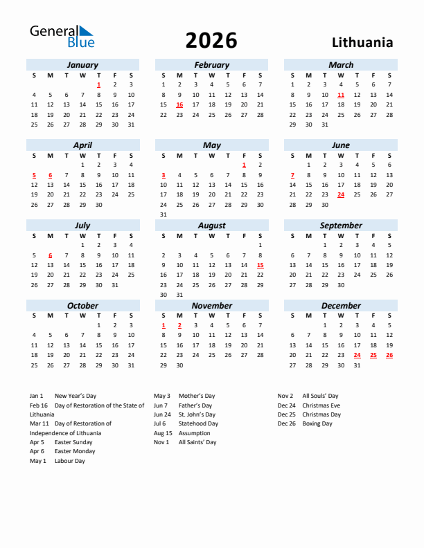 2026 Calendar for Lithuania with Holidays