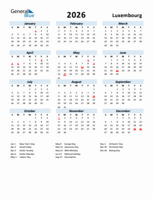 Luxembourg current year calendar 2026 with holidays