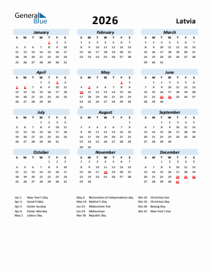 Latvia current year calendar 2026 with holidays