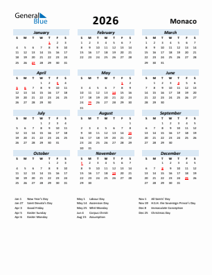 Monaco current year calendar 2026 with holidays