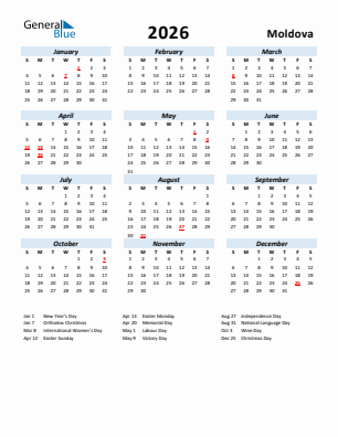 Moldova current year calendar 2026 with holidays