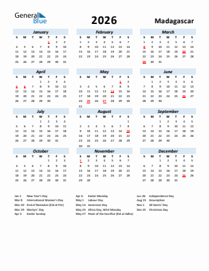 Madagascar current year calendar 2026 with holidays