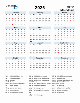 North Macedonia current year calendar 2026 with holidays