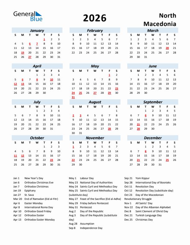 2026 Calendar for North Macedonia with Holidays