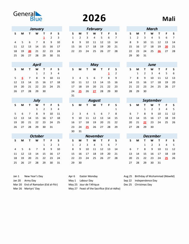 2026 Calendar for Mali with Holidays