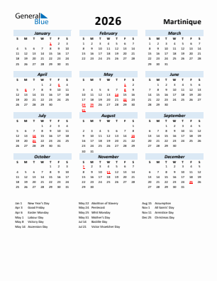 Martinique current year calendar 2026 with holidays
