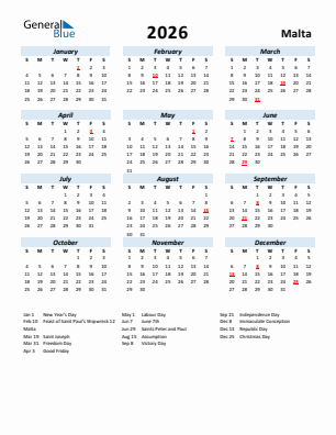 Malta current year calendar 2026 with holidays