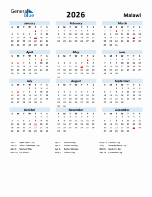 Malawi current year calendar 2026 with holidays