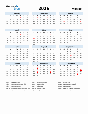 Mexico current year calendar 2026 with holidays