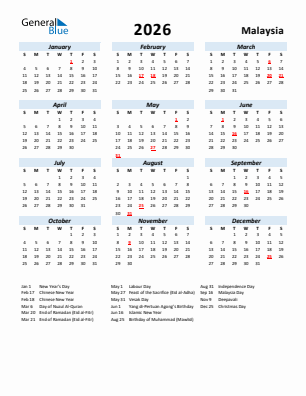 Malaysia current year calendar 2026 with holidays