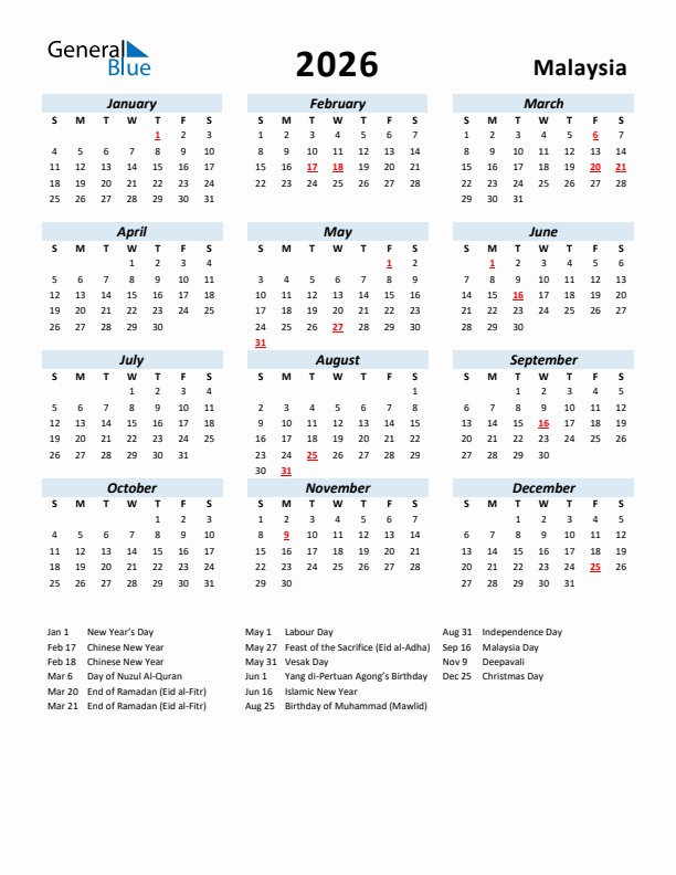2026 Calendar for Malaysia with Holidays