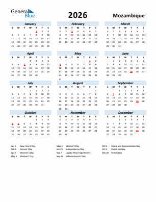 Mozambique current year calendar 2026 with holidays