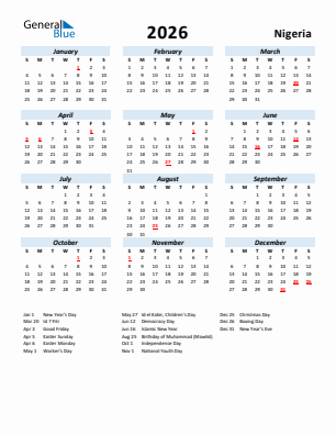 Nigeria current year calendar 2026 with holidays
