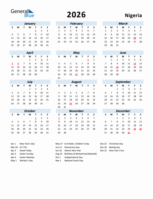 2026 Calendar for Nigeria with Holidays