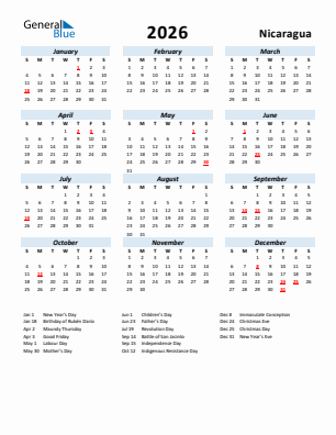 Nicaragua current year calendar 2026 with holidays