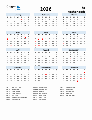 The Netherlands current year calendar 2026 with holidays