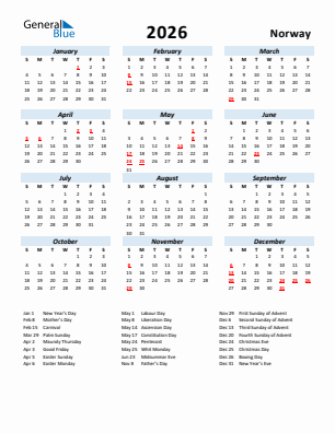 Norway current year calendar 2026 with holidays