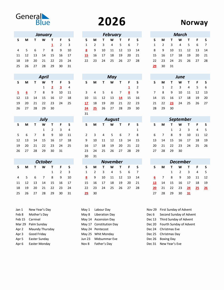 2026 Yearly Calendar for Norway with Holidays