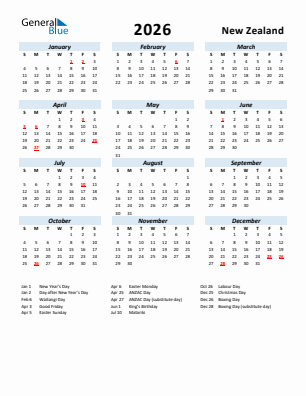 New Zealand current year calendar 2026 with holidays