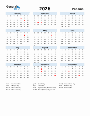 Panama current year calendar 2026 with holidays