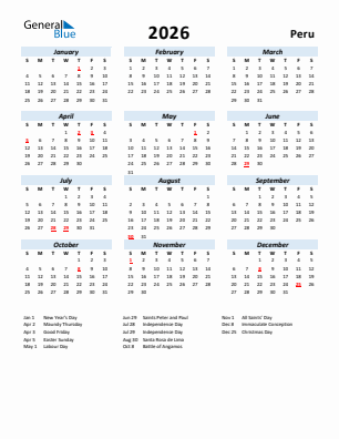 Peru current year calendar 2026 with holidays