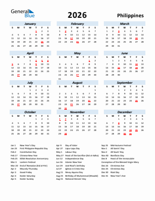 Philippines current year calendar 2026 with holidays