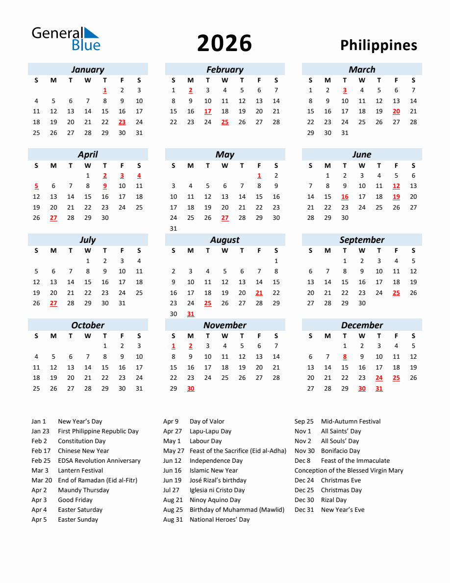 2026 Yearly Calendar for Philippines with Holidays