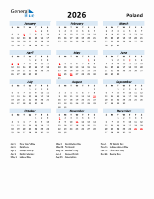 Poland current year calendar 2026 with holidays