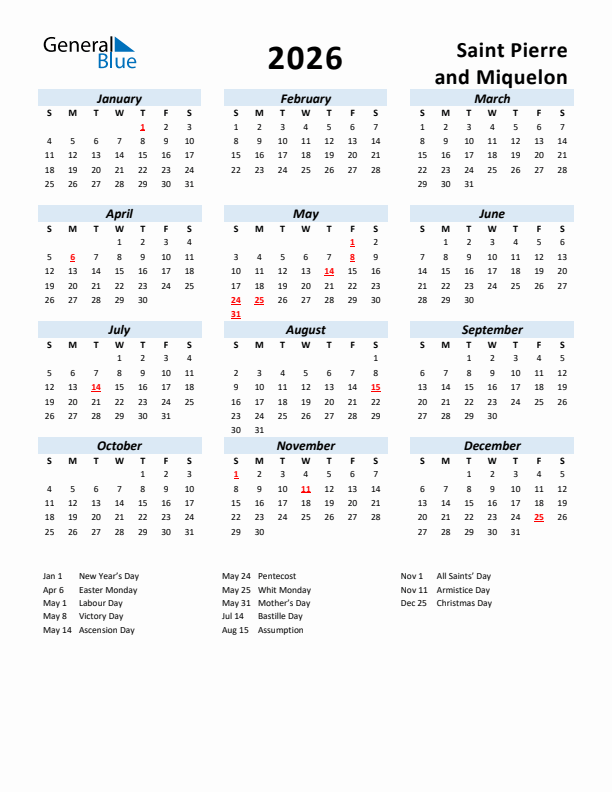 2026 Calendar for Saint Pierre and Miquelon with Holidays