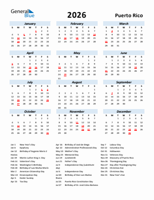 Puerto Rico current year calendar 2026 with holidays