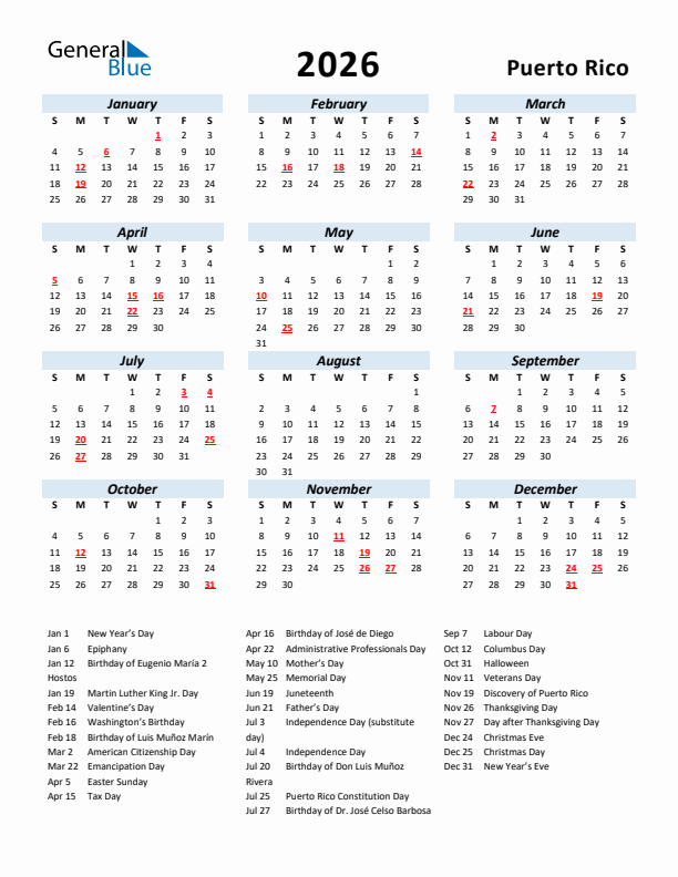 2026 Calendar for Puerto Rico with Holidays