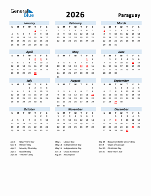 Paraguay current year calendar 2026 with holidays